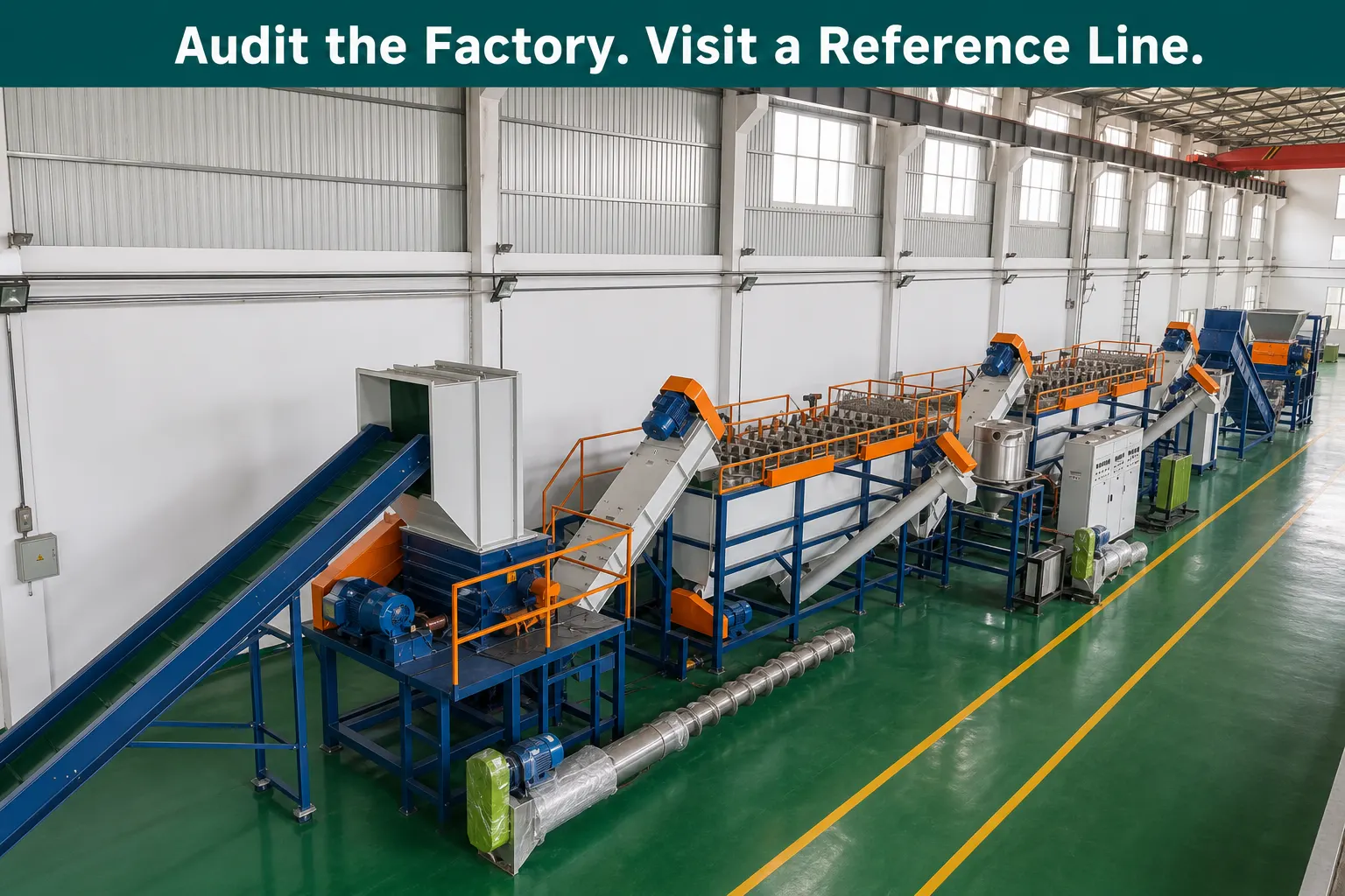 Assembled film washing line ready for factory audit and reference visit at manufacturer workshop