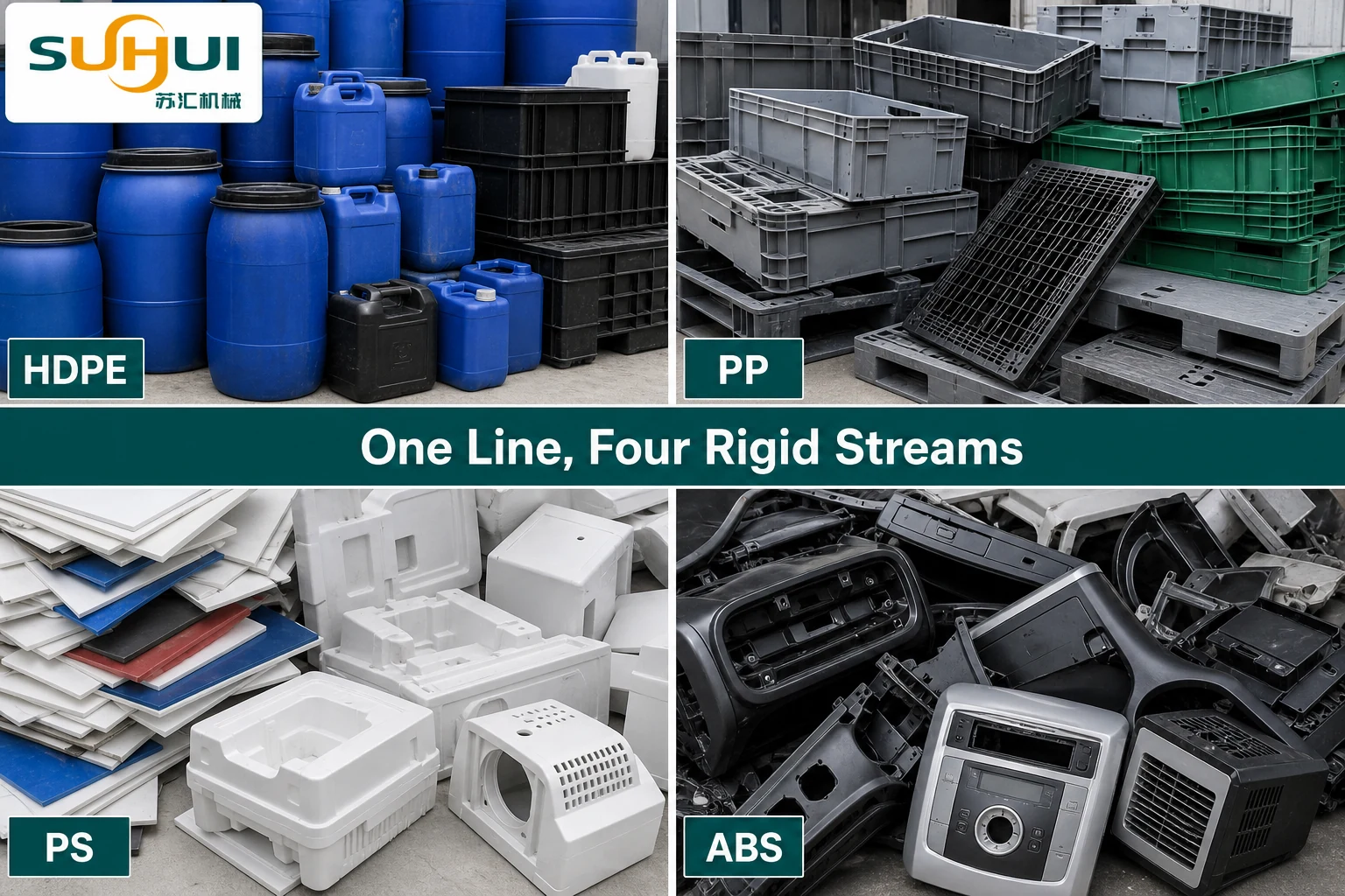 HDPE drums PP crates PS sheet offcuts and ABS housings processed by one rigid plastic granulating pelletizing line