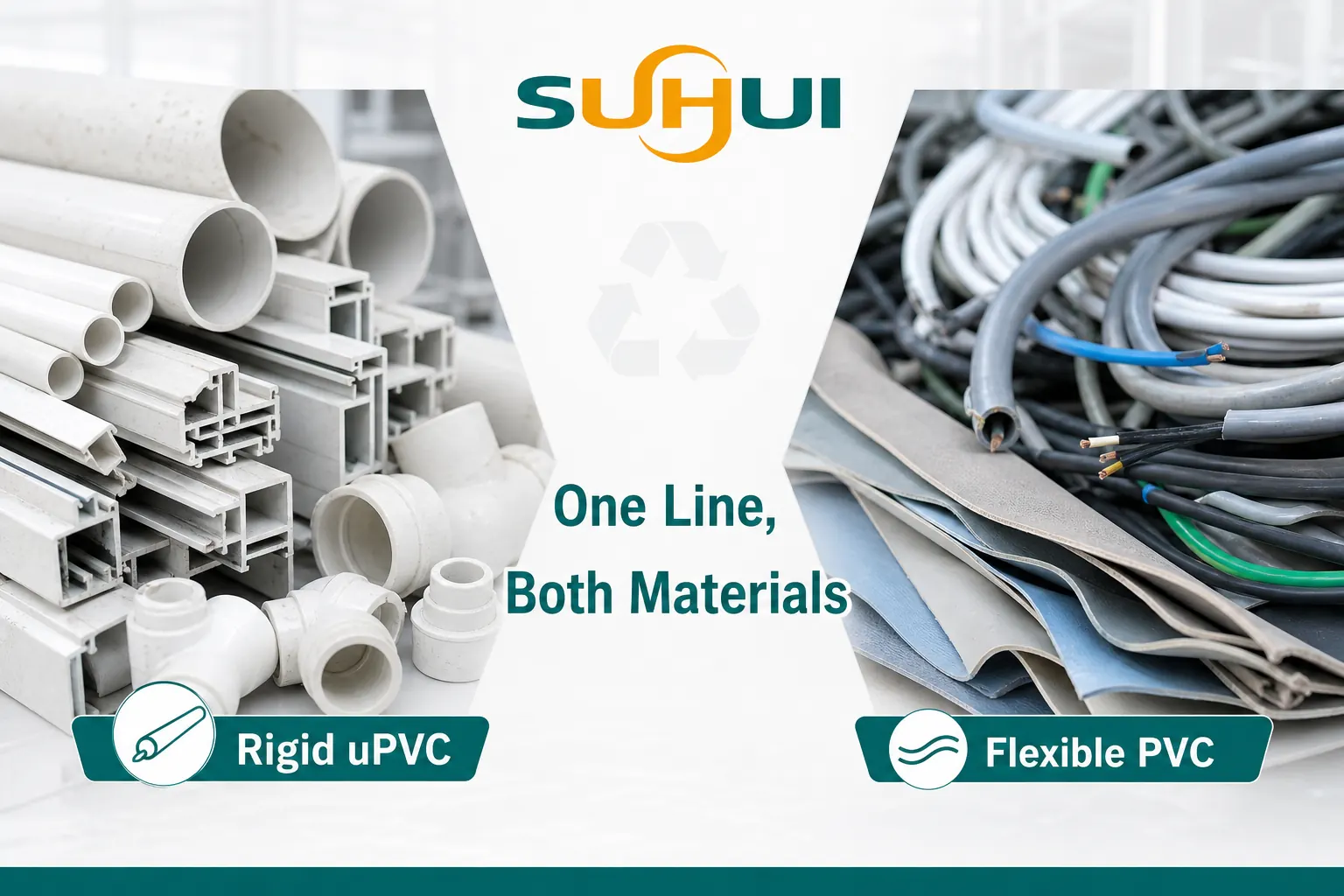 Rigid uPVC pipe and profile scrap and flexible PVC cable insulation processed by one PVC granulating pelletizing line