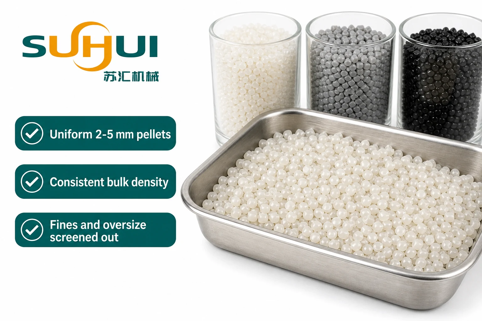 Uniform 2 to 5 mm recycled rigid plastic pellets in natural white grey and black after screening from the pelletizing line