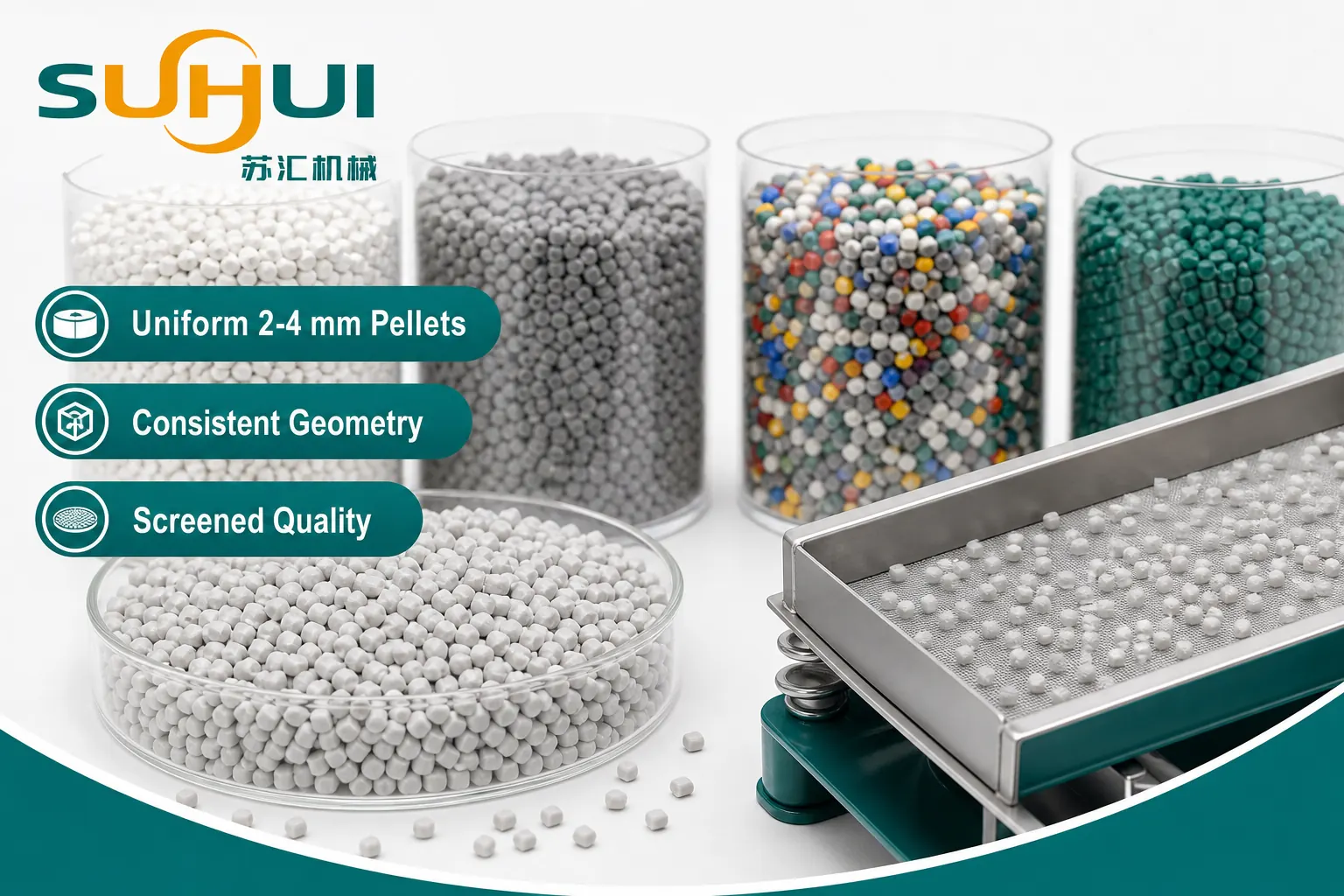 Uniform recycled PVC pellets with consistent geometry after screening from PVC granulating pelletizing line