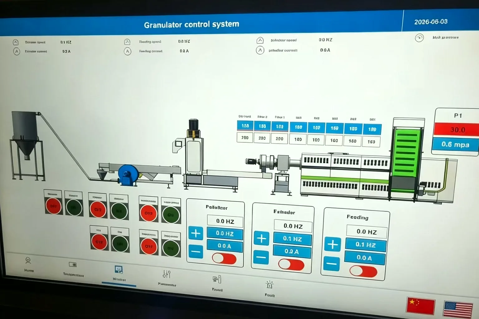 PLC touchscreen control panel of rigid plastic pelletizing line during factory test run at SUHUI