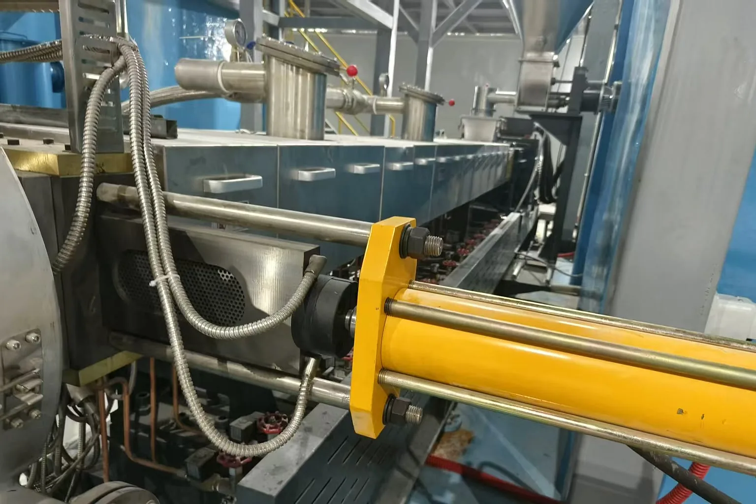 Strand cooling water trough of rigid plastic pelletizing line at customer recycling plant