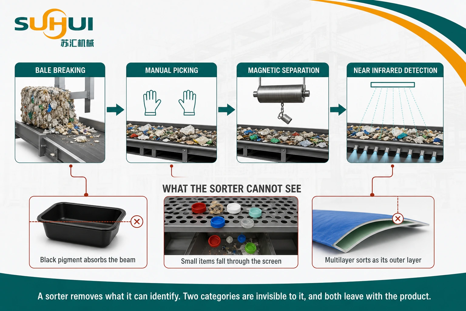 Sorting stage in mechanical recycling showing bale breaking manual picking magnetic separation and near infrared detection with black plastic and small item blind spots