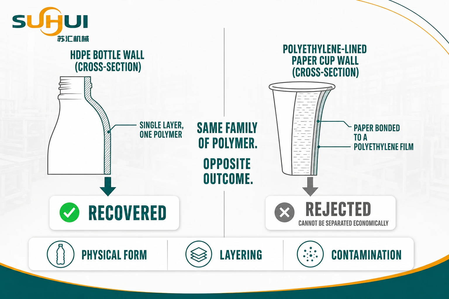 Why form beats chemistry in recycling comparing a single layer HDPE bottle with a polyethylene lined paper cup laminate