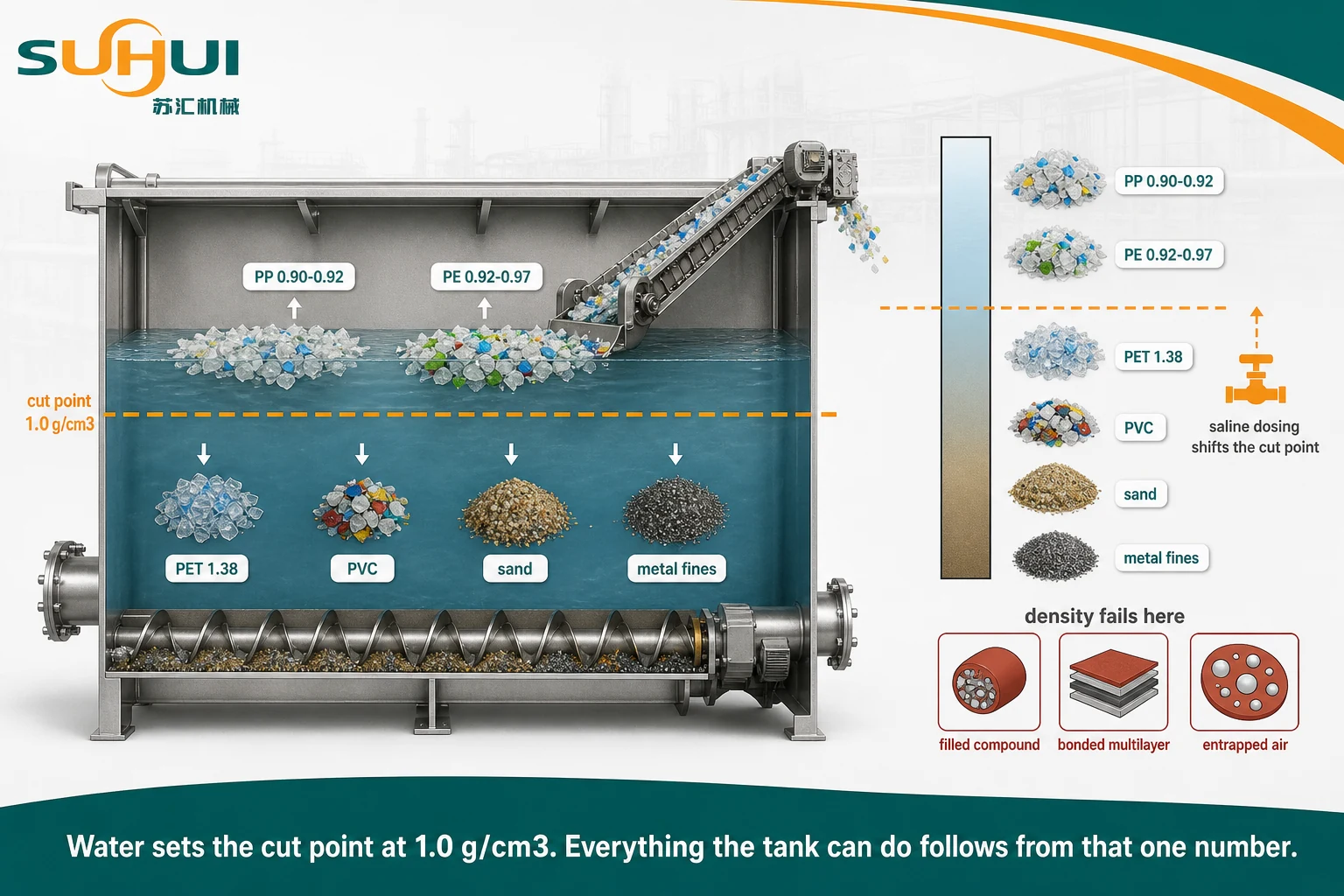 Float sink density separation in mechanical recycling showing polypropylene and polyethylene floating while PET PVC sand and metal fines sink below the cut point